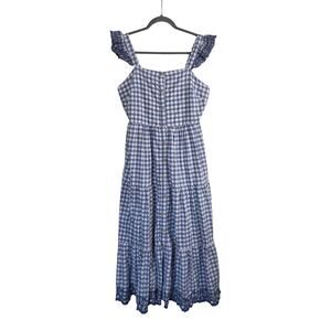 Shabby Chic Blue White Gingham Tiered Cottagecore Maxi Dress, Women's Size 8